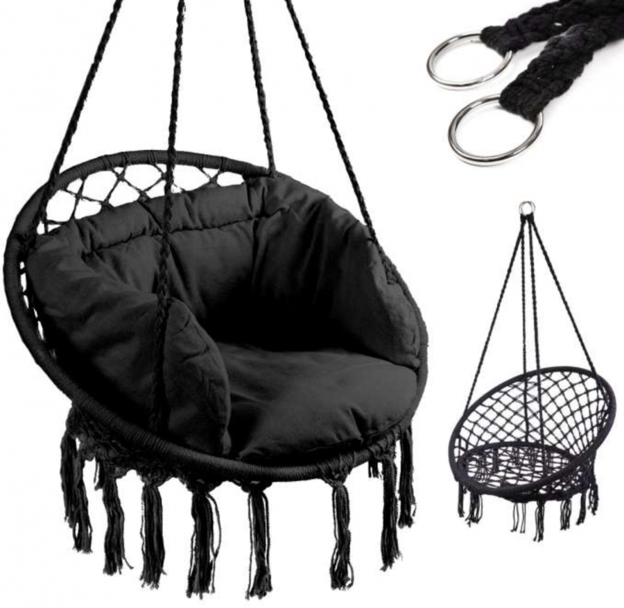 LUARO hängstol fågelbo med dyna – svart 80 cm, upp till 150 kg